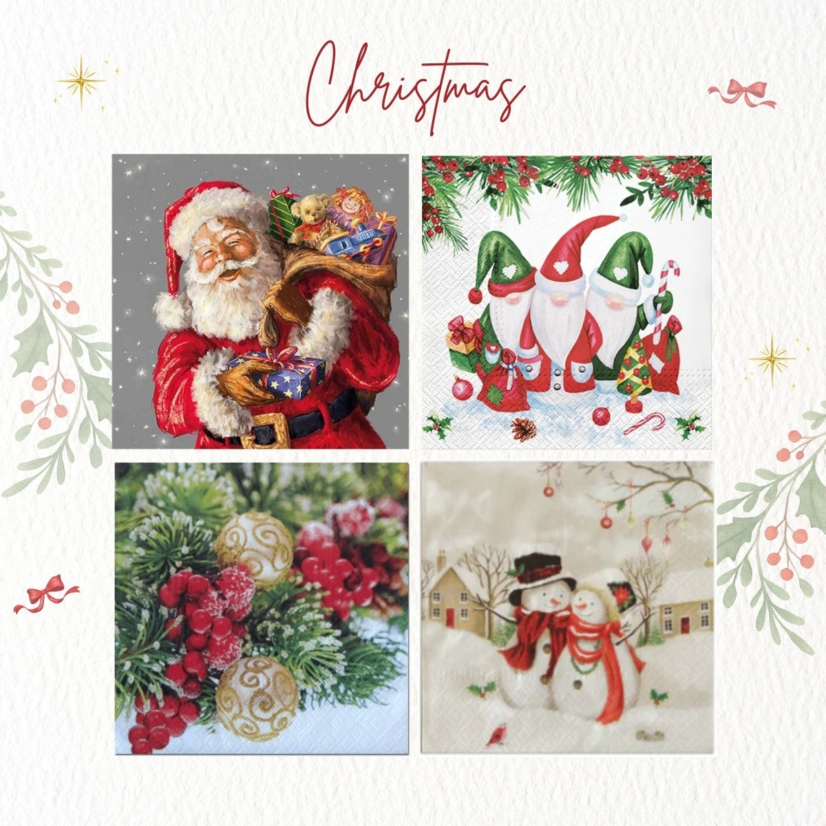 Christmas ~ A Set of 4 Paper Napkin Packs (20 in each, 6.5" x 6.5" folded)
