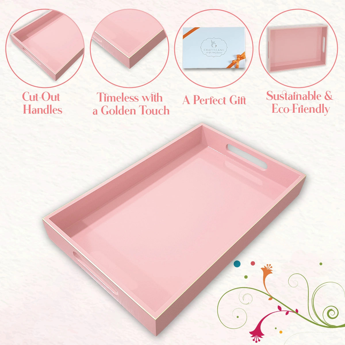 Classic Handcrafted Solid Baby Pink Wooden Serving Trays 12x8 Inch