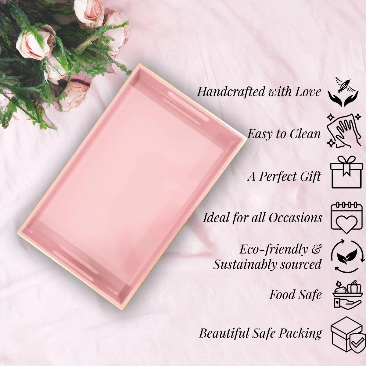 Classic Handcrafted Solid Baby Pink Wooden Serving Trays 12x8 Inch