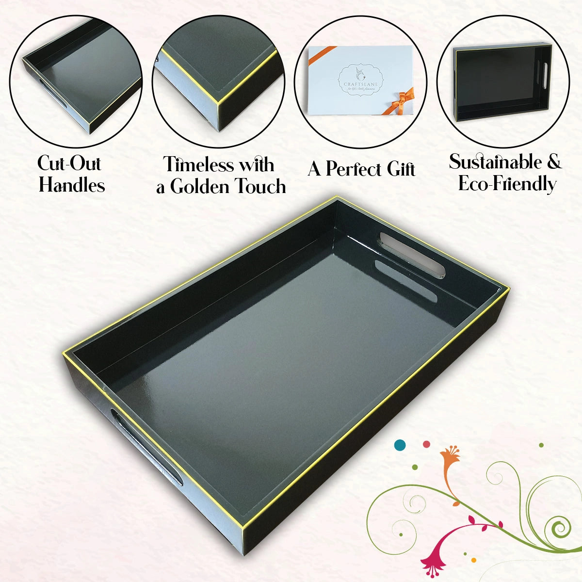 Classic Handcrafted Solid Charcoal Black Wooden Serving Trays 12x8 Inch