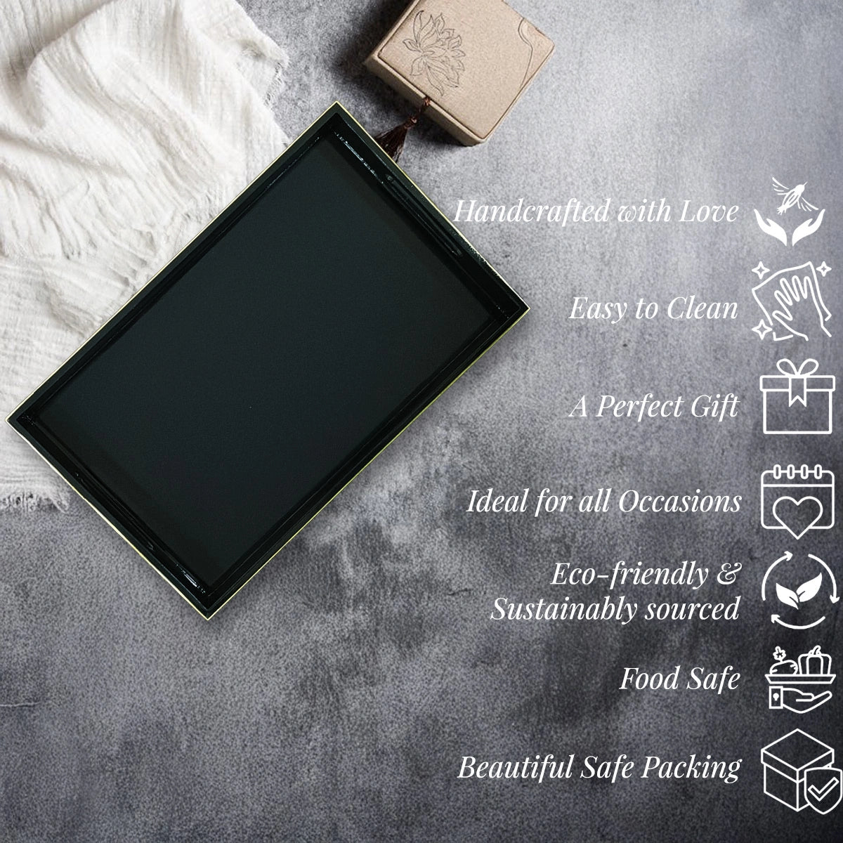 Classic Handcrafted Solid Charcoal Black Wooden Serving Trays 12x8 Inch