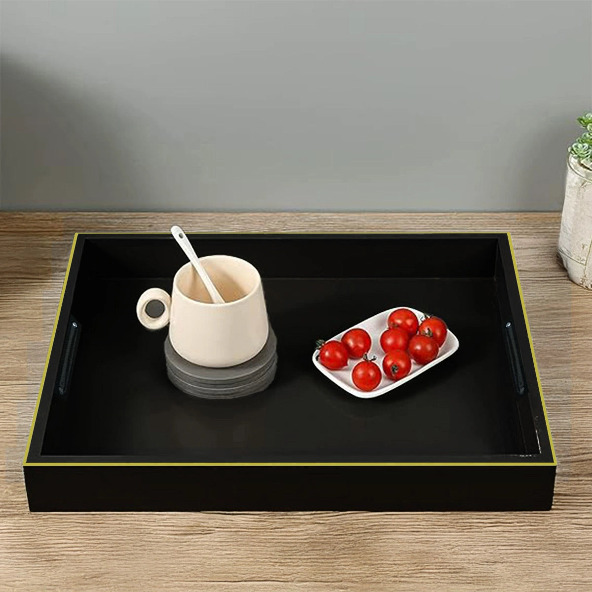 Classic Handcrafted Solid Charcoal Black Wooden Serving Trays 12x8 Inch