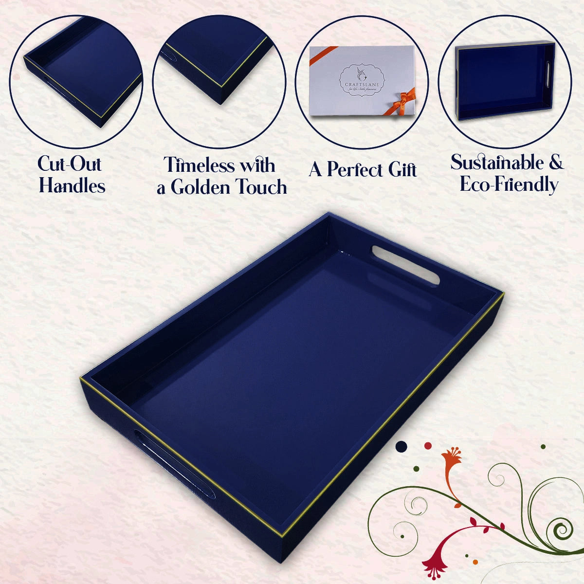 Classic Handcrafted Solid Sapphire Blue Wooden Serving Trays 12x8 Inch
