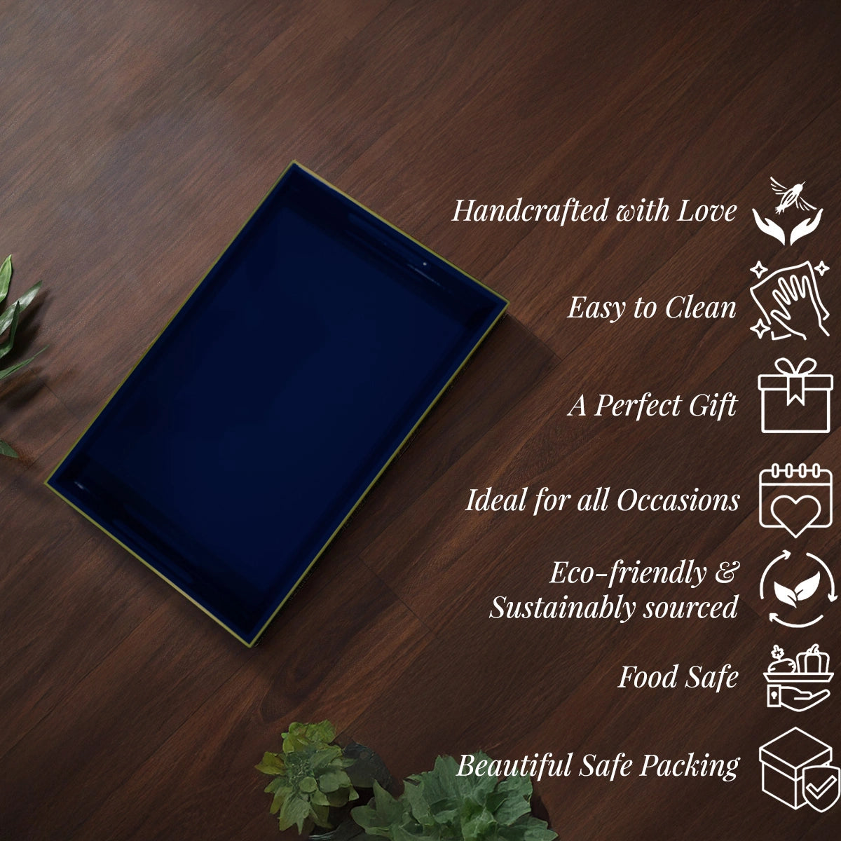 Classic Handcrafted Solid Sapphire Blue Wooden Serving Trays 12x8 Inch