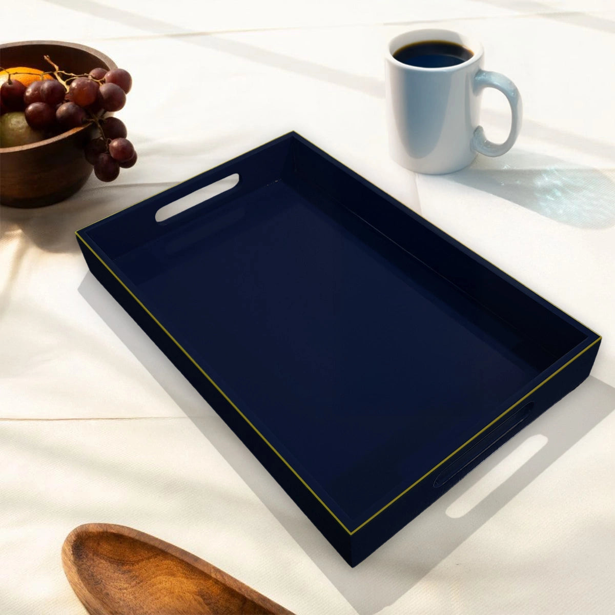 Classic Handcrafted Solid Sapphire Blue Wooden Serving Trays 12x8 Inch
