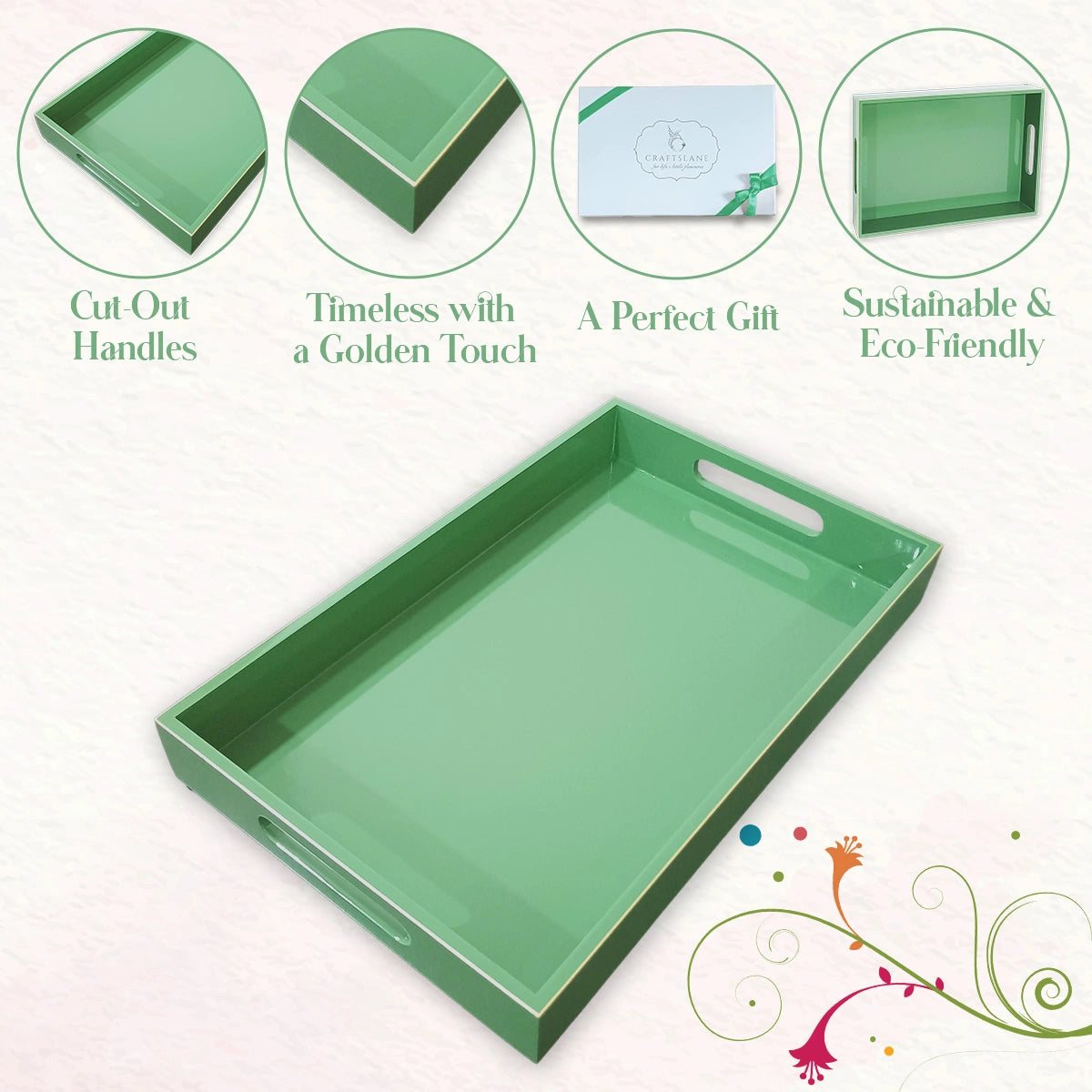 Classic Handcrafted Solid Sage Wooden Serving Trays 12x8 Inch