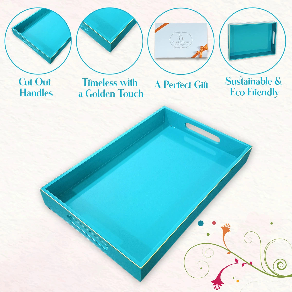 Classic Handcrafted Solid Turquoise Wooden Serving Trays
