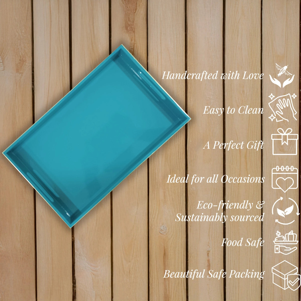 Classic Handcrafted Solid Turquoise Wooden Serving Trays