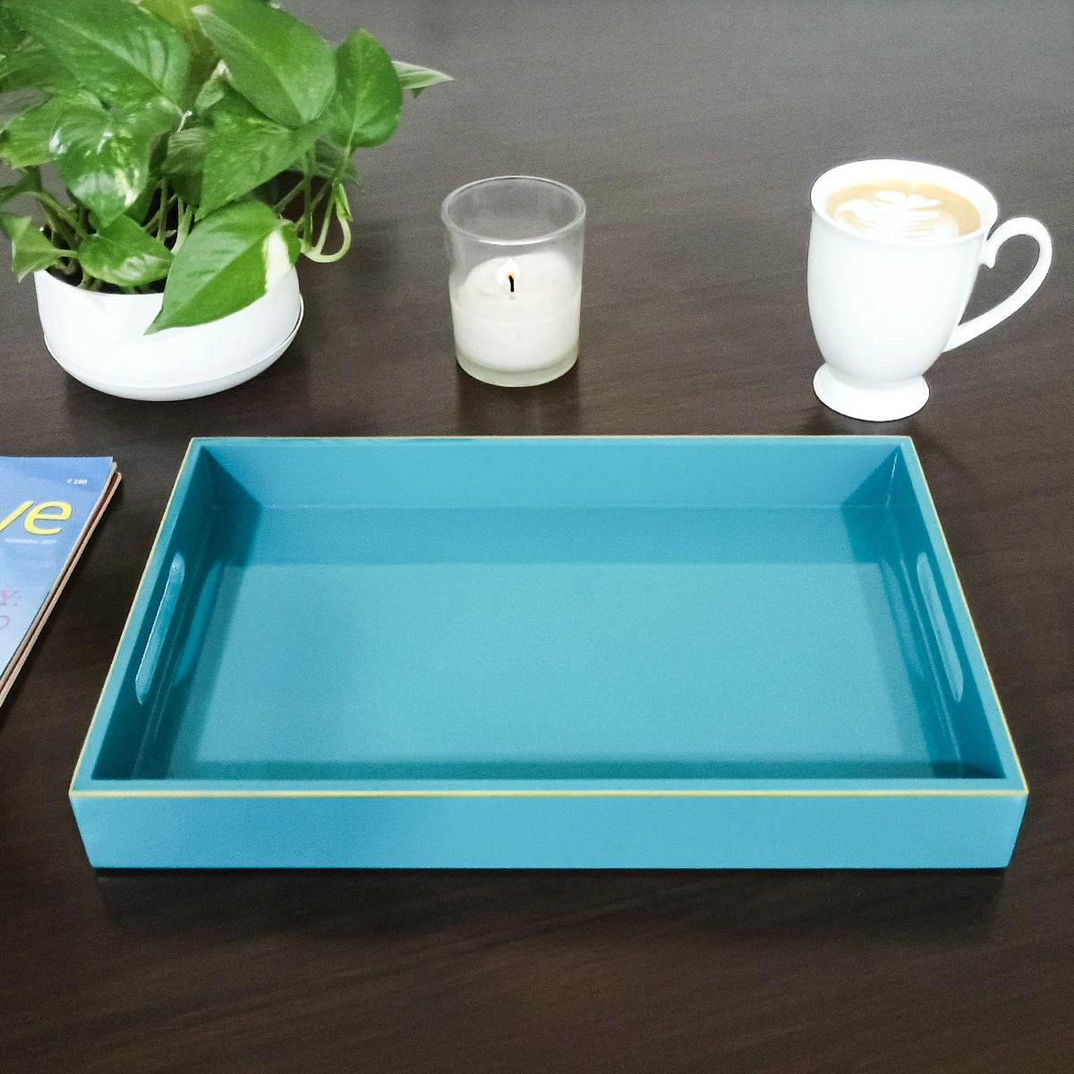 Classic Handcrafted Solid Turquoise Wooden Serving Trays