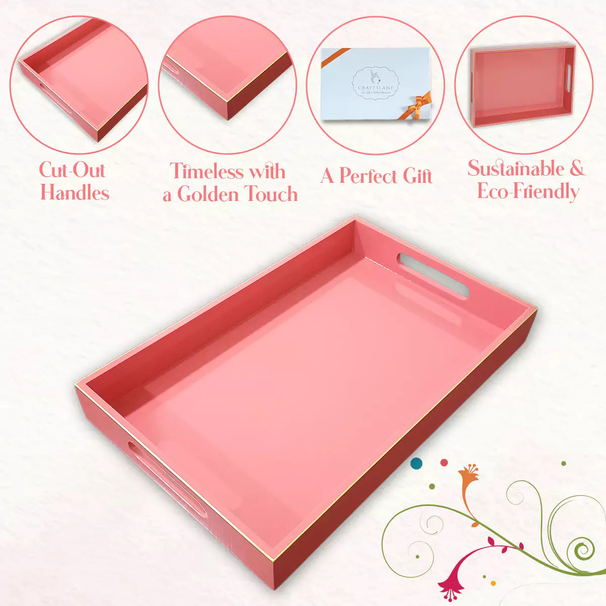 Classic Handcrafted Solid Blush Wooden Serving Trays 12x8 Inch