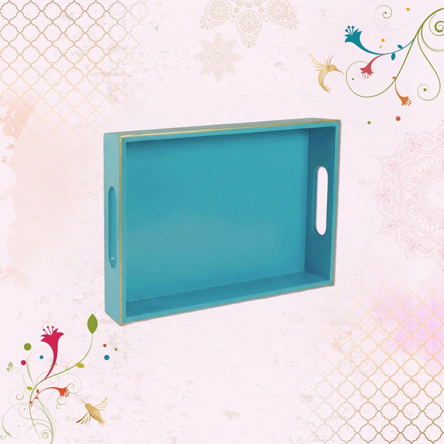 Classic Handcrafted Solid Turquoise Wooden Serving Trays