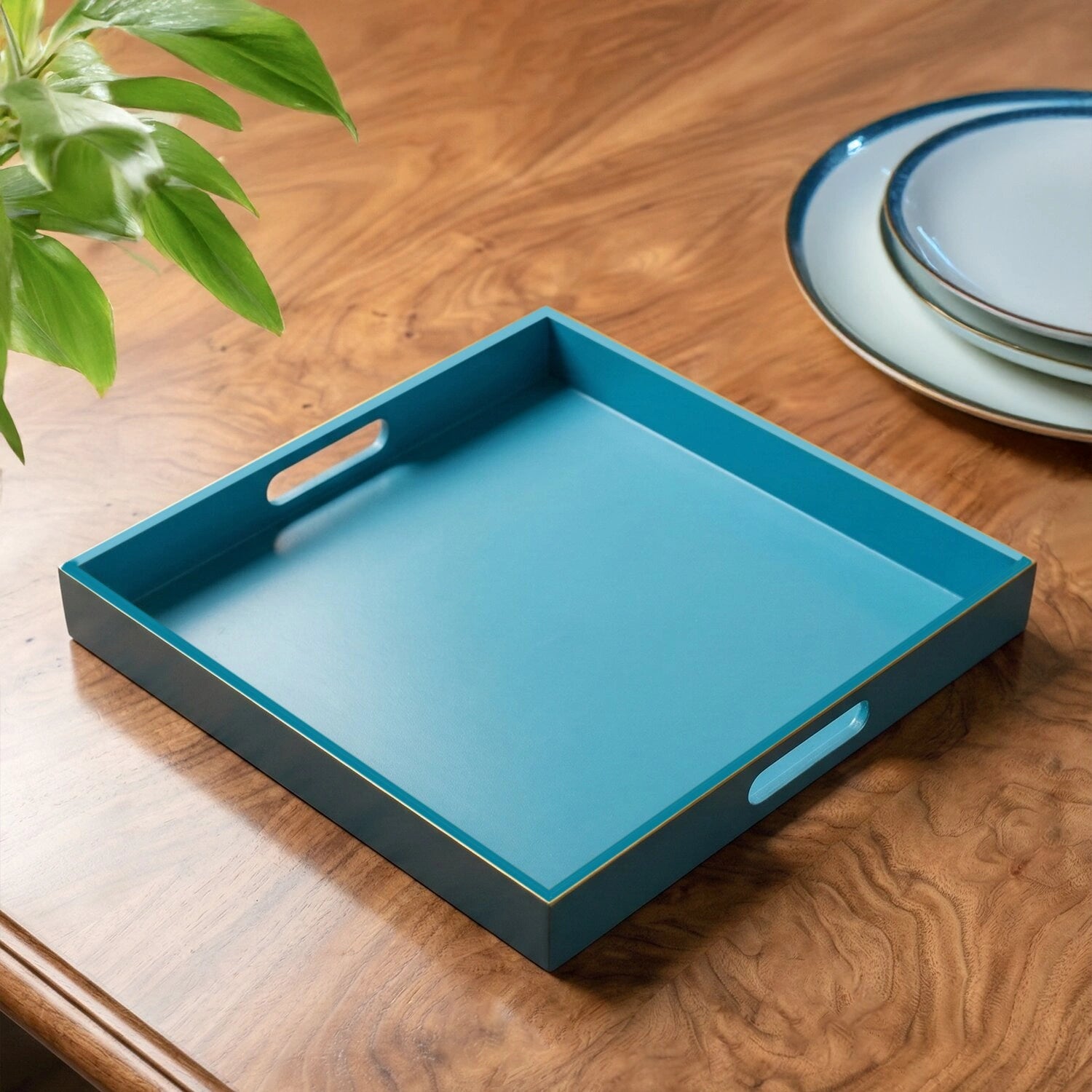 Classic Handcrafted Solid Turquoise Wooden Serving Trays