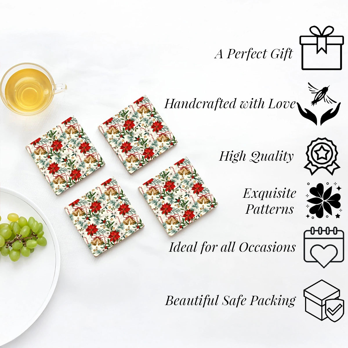 Christmas Bells Coasters | Set of 4 with Stand