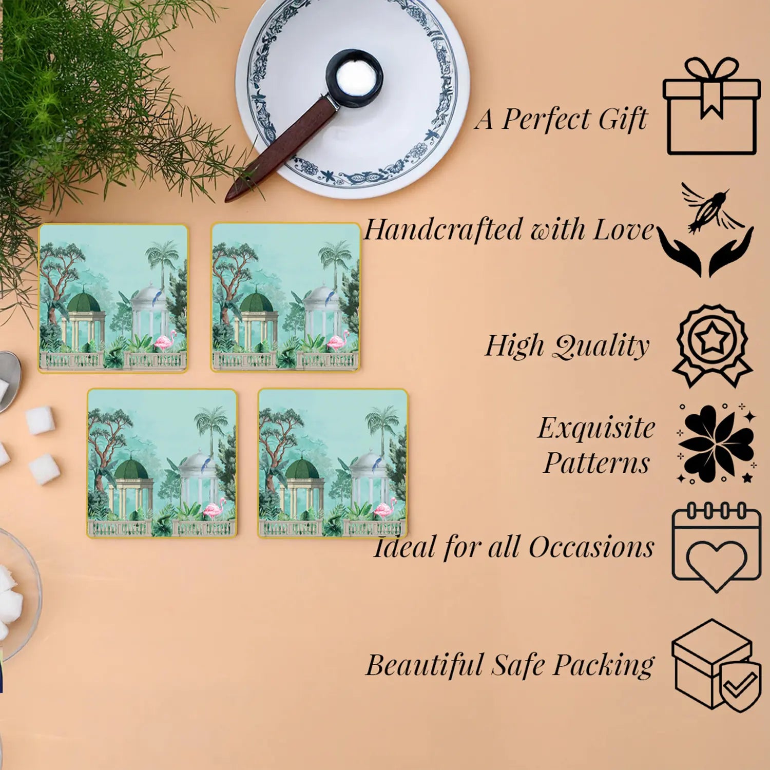 Flamingo Whispers Coasters | Set of 4 with Stand
