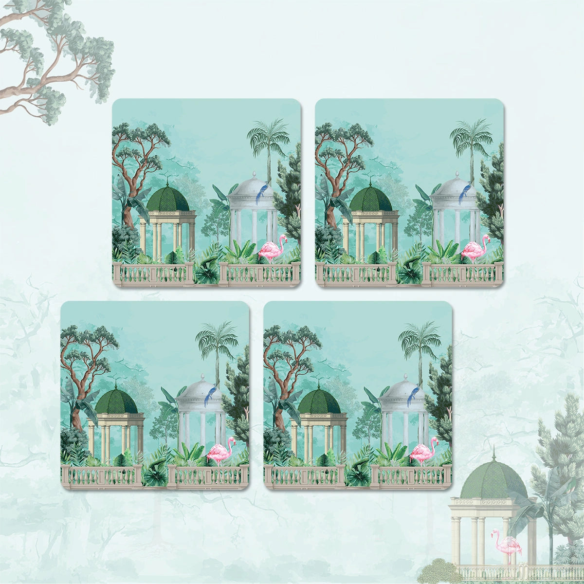 Flamingo Whispers Coasters | Set of 4 with Stand