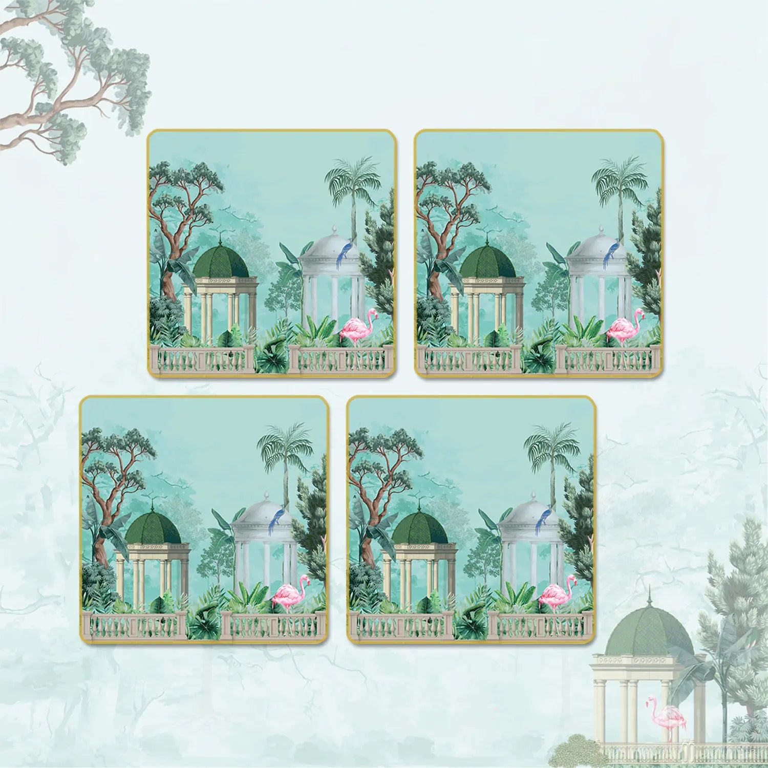 Flamingo Whispers Coasters | Set of 4 with Stand