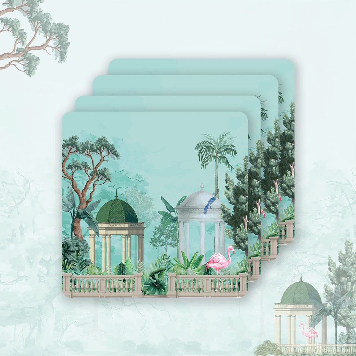 Flamingo Whispers Coasters | Set of 4 with Stand