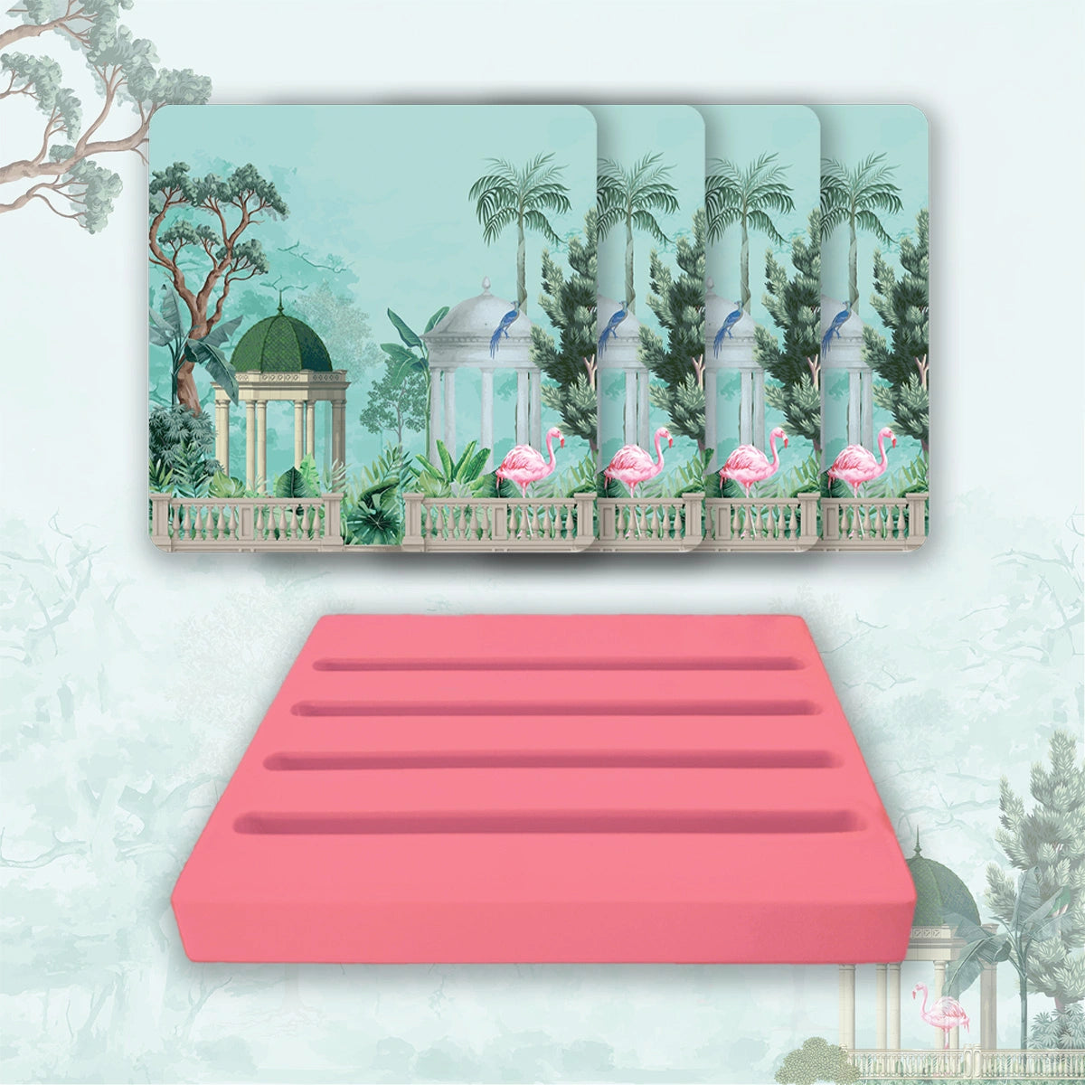 Flamingo Whispers Coasters | Set of 4 with Stand