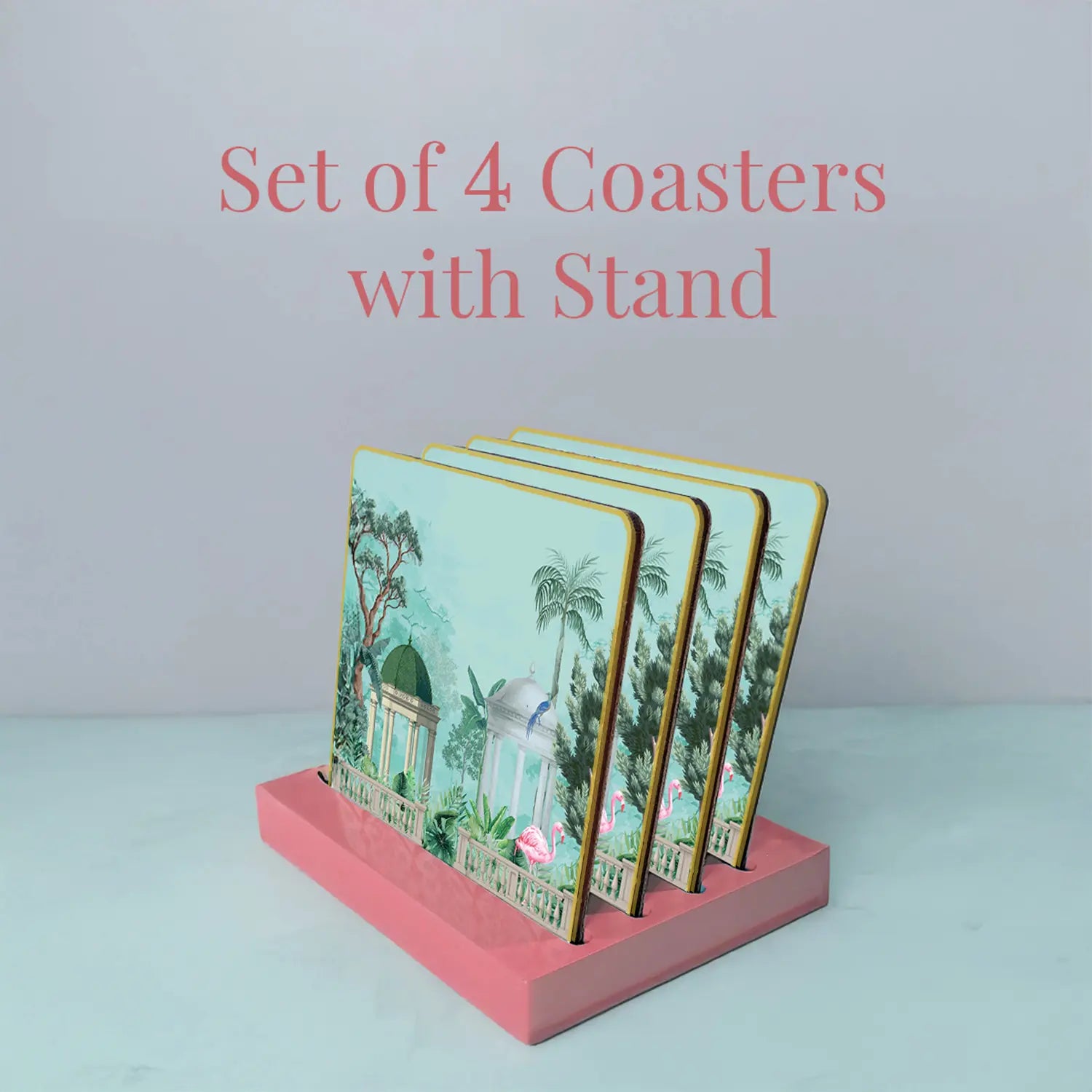 Flamingo Whispers Coasters | Set of 4 with Stand