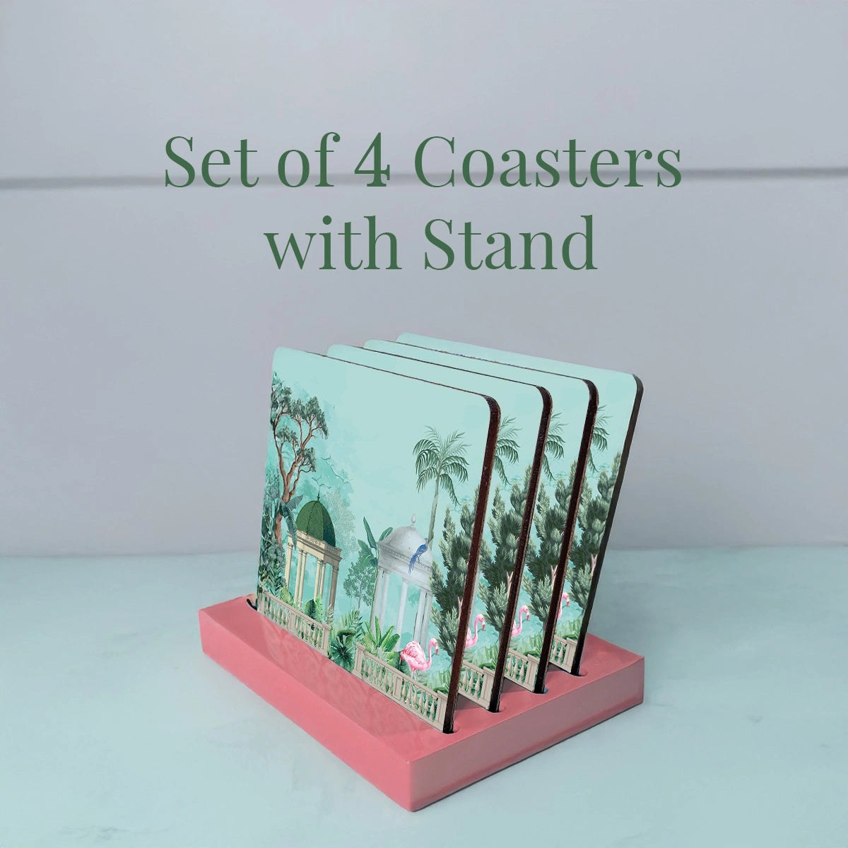 Flamingo Whispers Coasters | Set of 4 with Stand