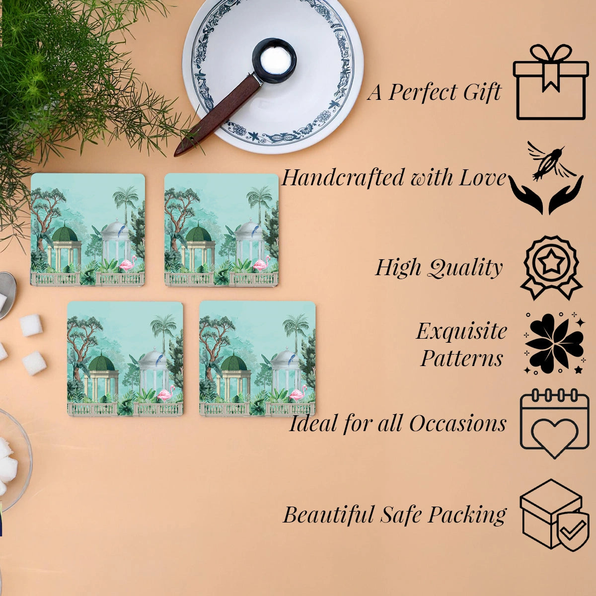 Flamingo Whispers Coasters | Set of 4 with Stand