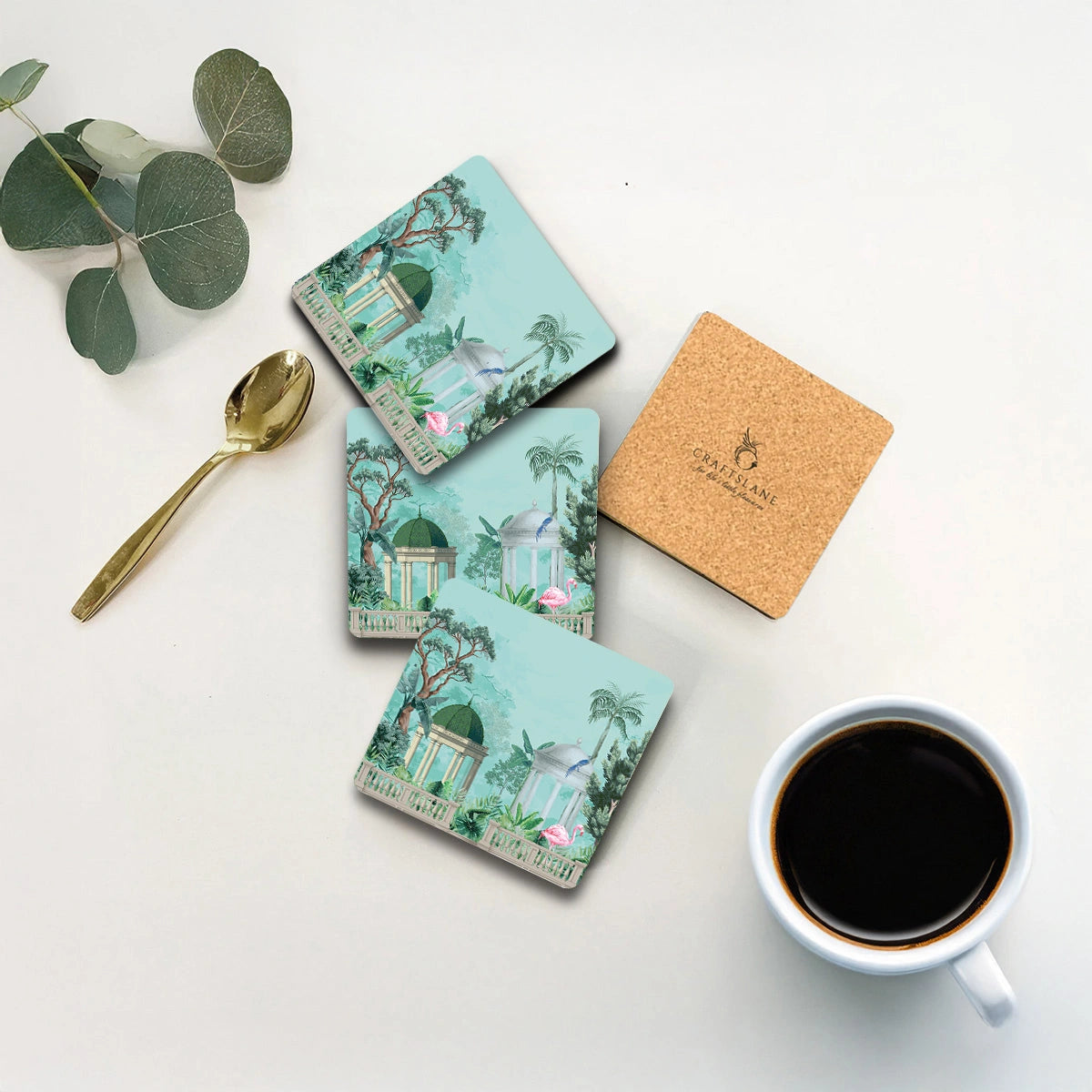 Flamingo Whispers Coasters | Set of 4 with Stand