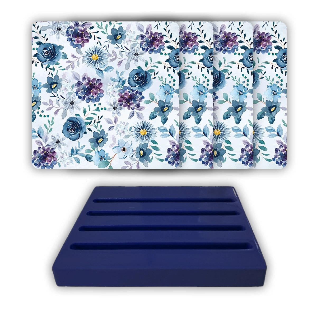 Indigo Roses Coasters | Set of 4 with Stand