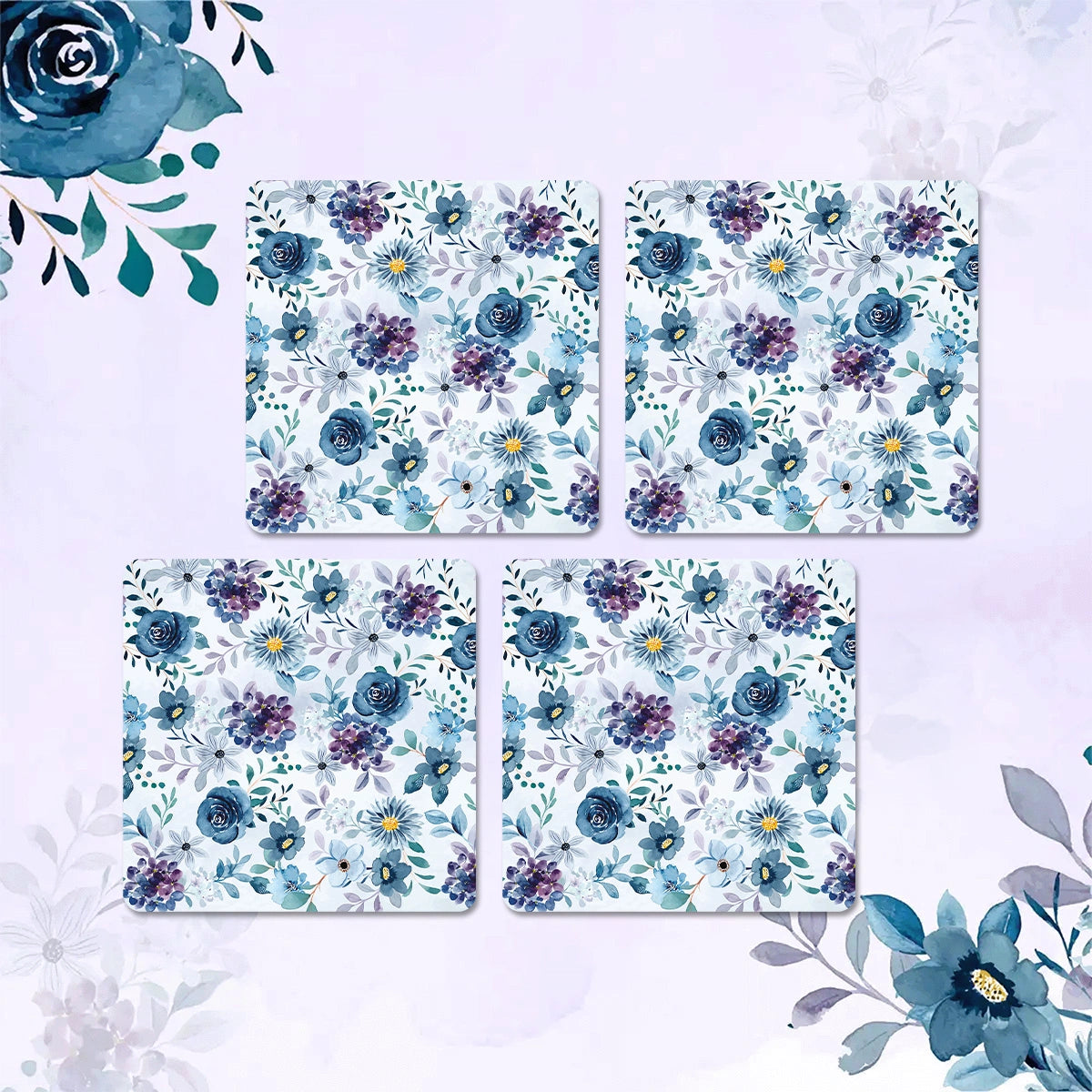 Indigo Roses Coasters | Set of 4 with Stand