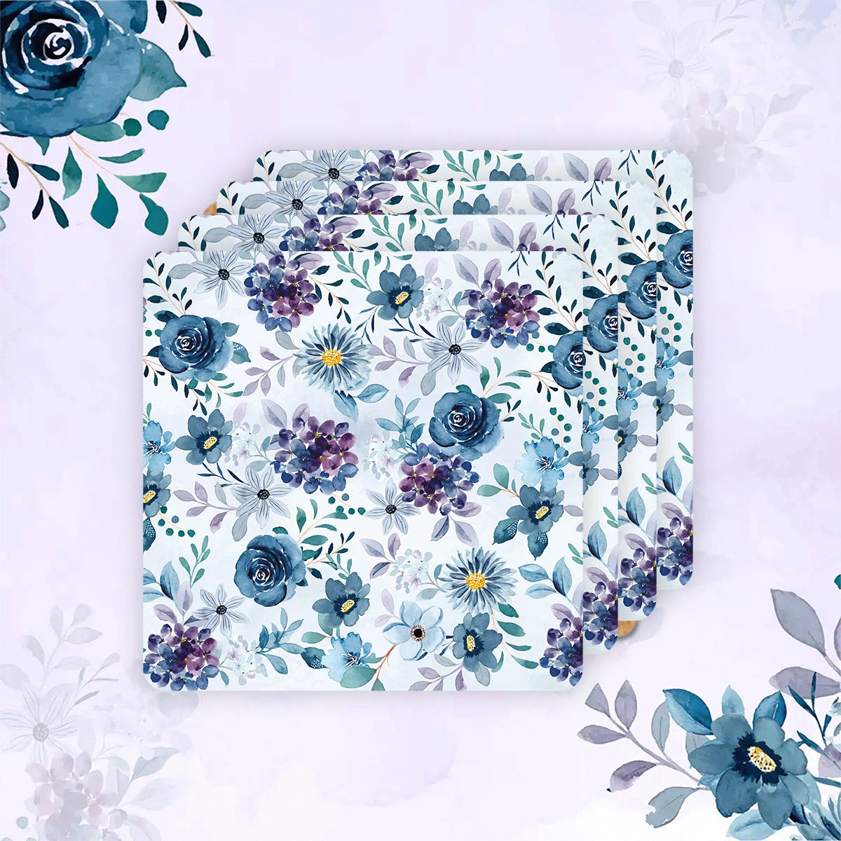 Indigo Roses Coasters | Set of 4 with Stand