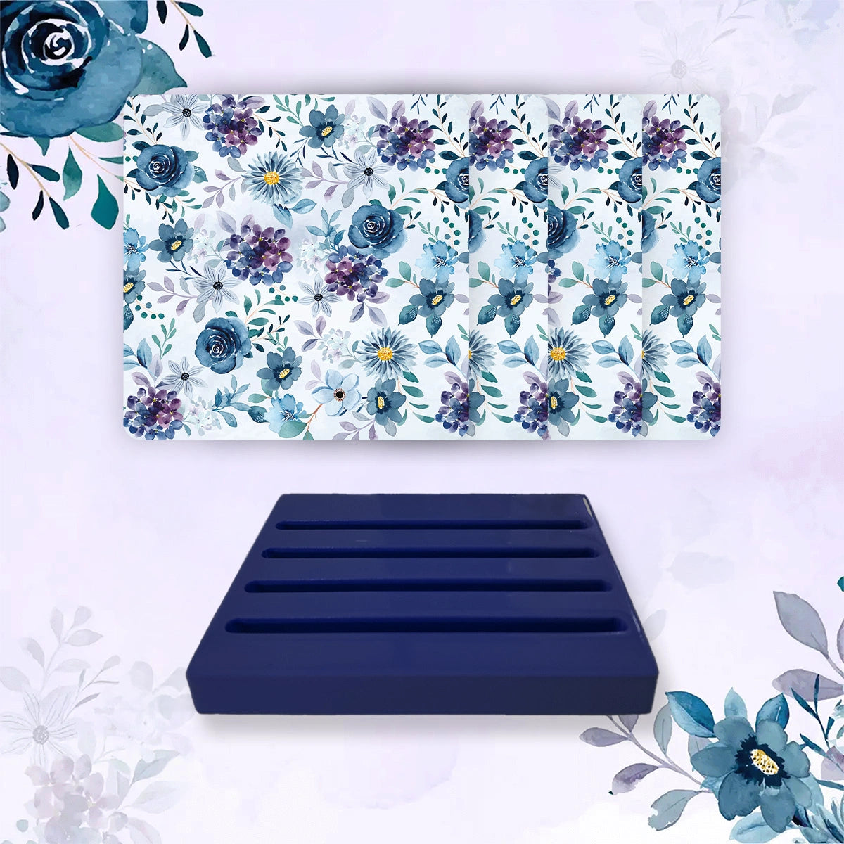 Indigo Roses Coasters | Set of 4 with Stand