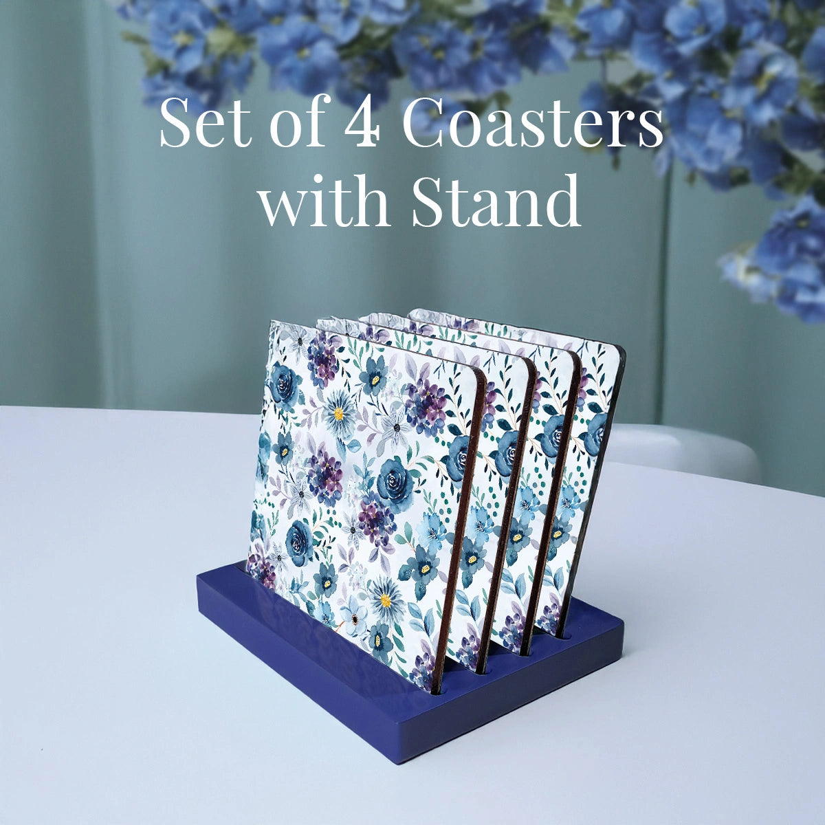 Indigo Roses Coasters | Set of 4 with Stand
