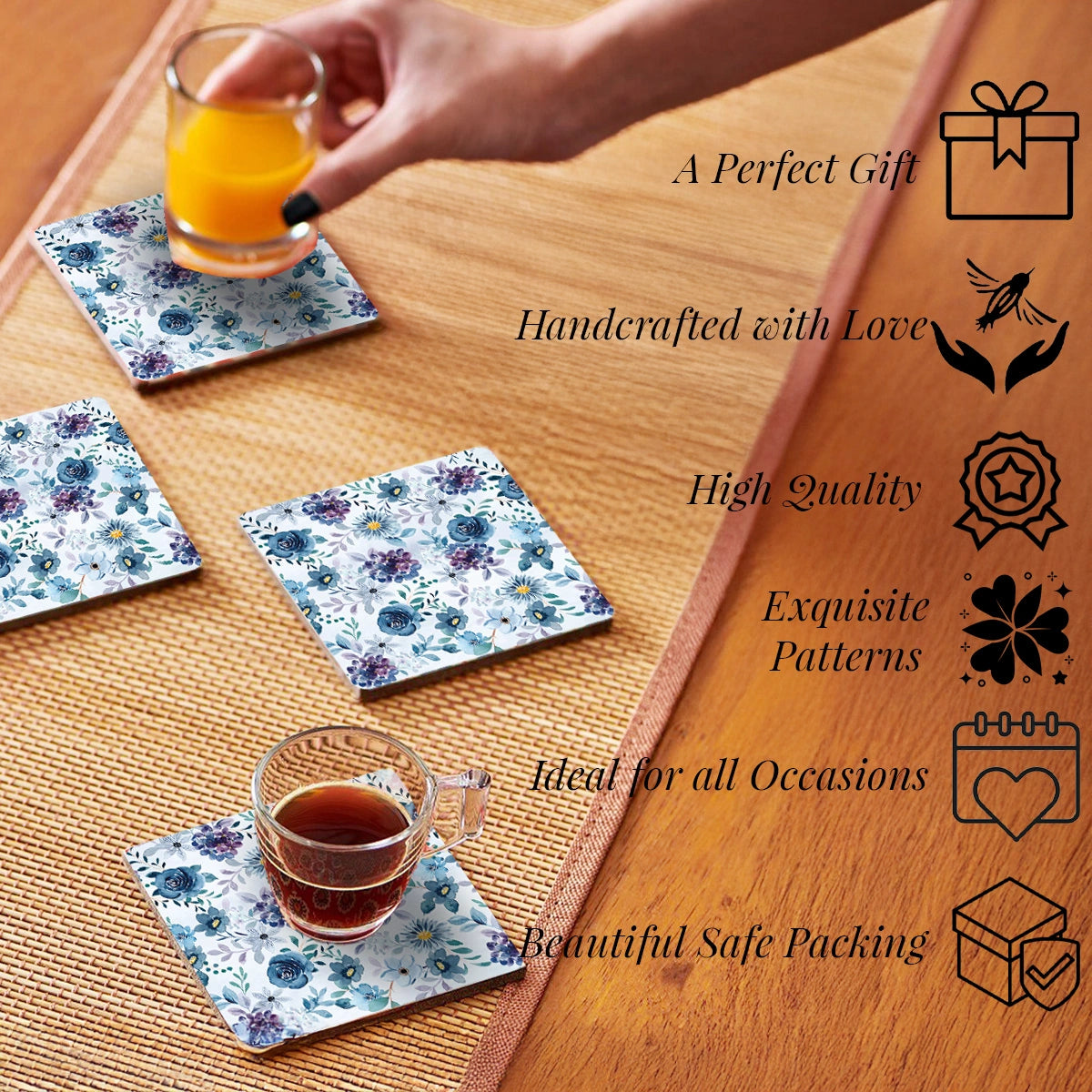 Indigo Roses Coasters | Set of 4 with Stand