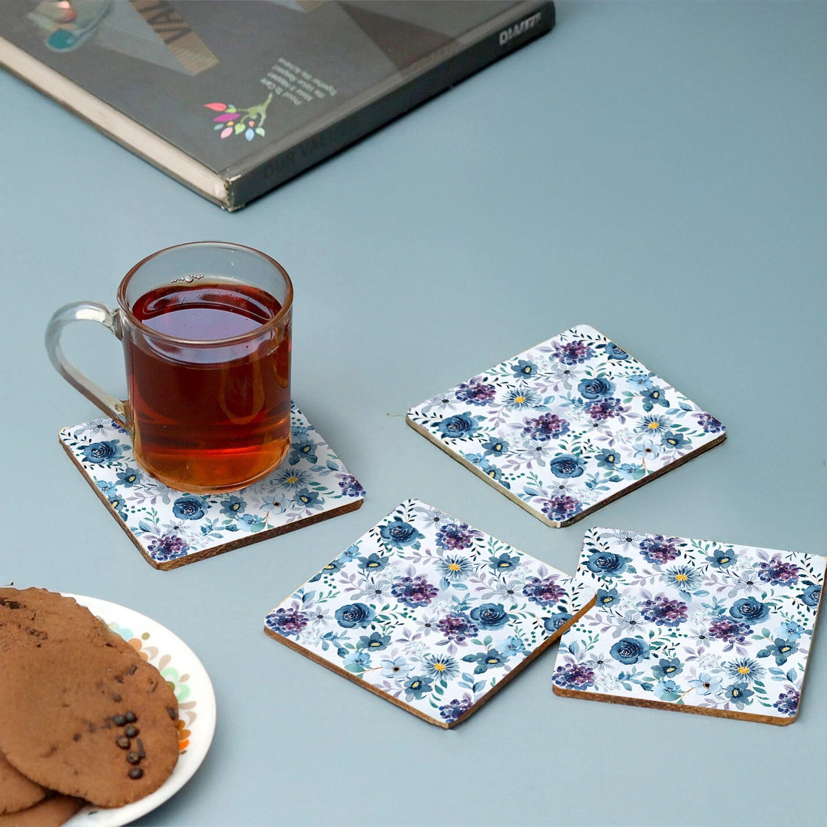 Indigo Roses Coasters | Set of 4 with Stand
