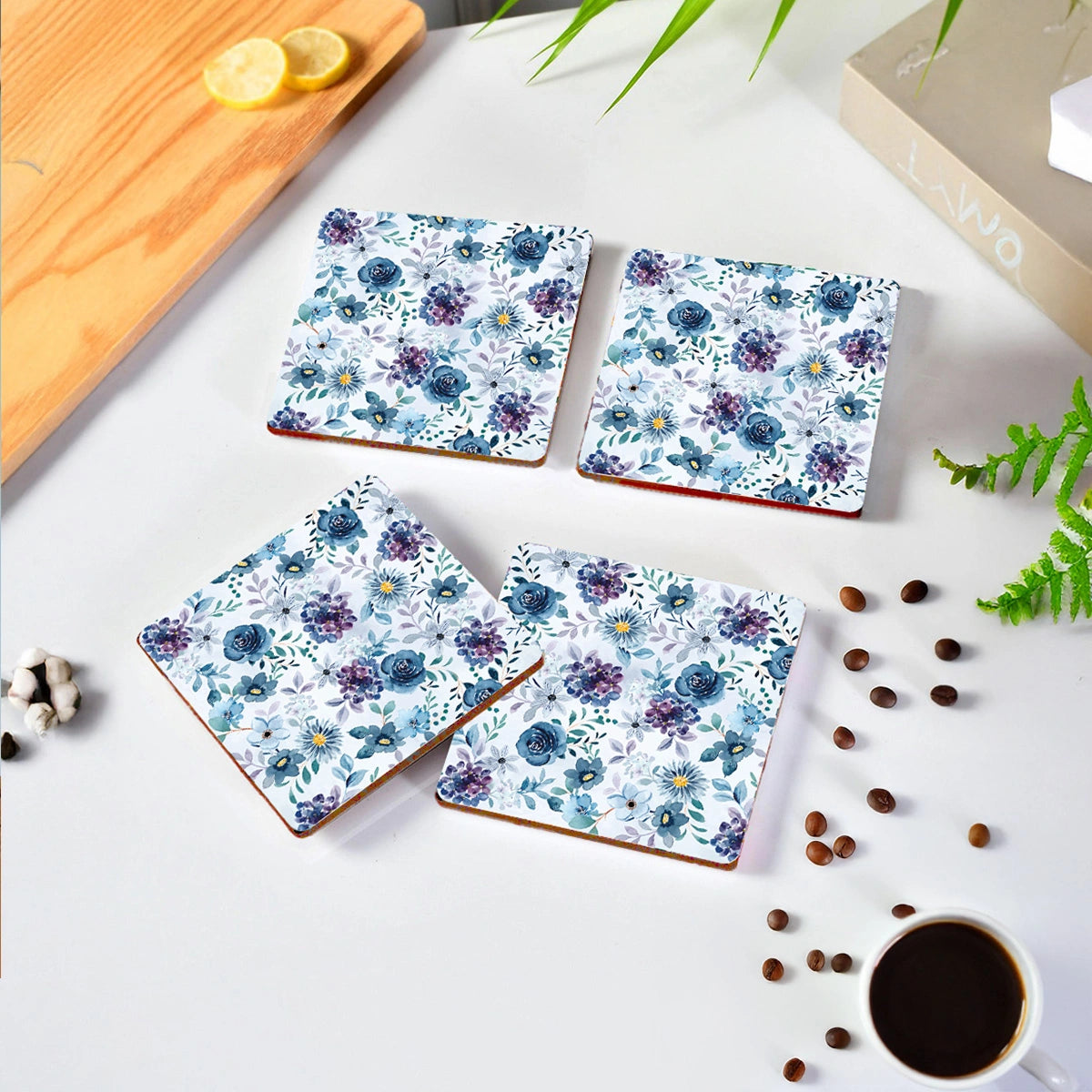 Indigo Roses Coasters | Set of 4 with Stand
