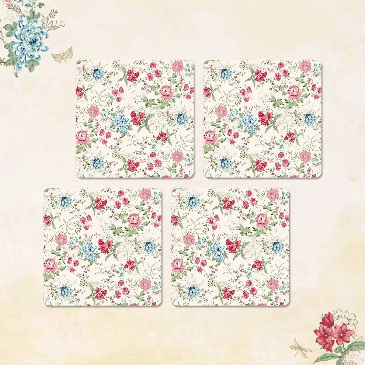 Pink & Blue Bouquet Coasters | Set of 4 with Stand