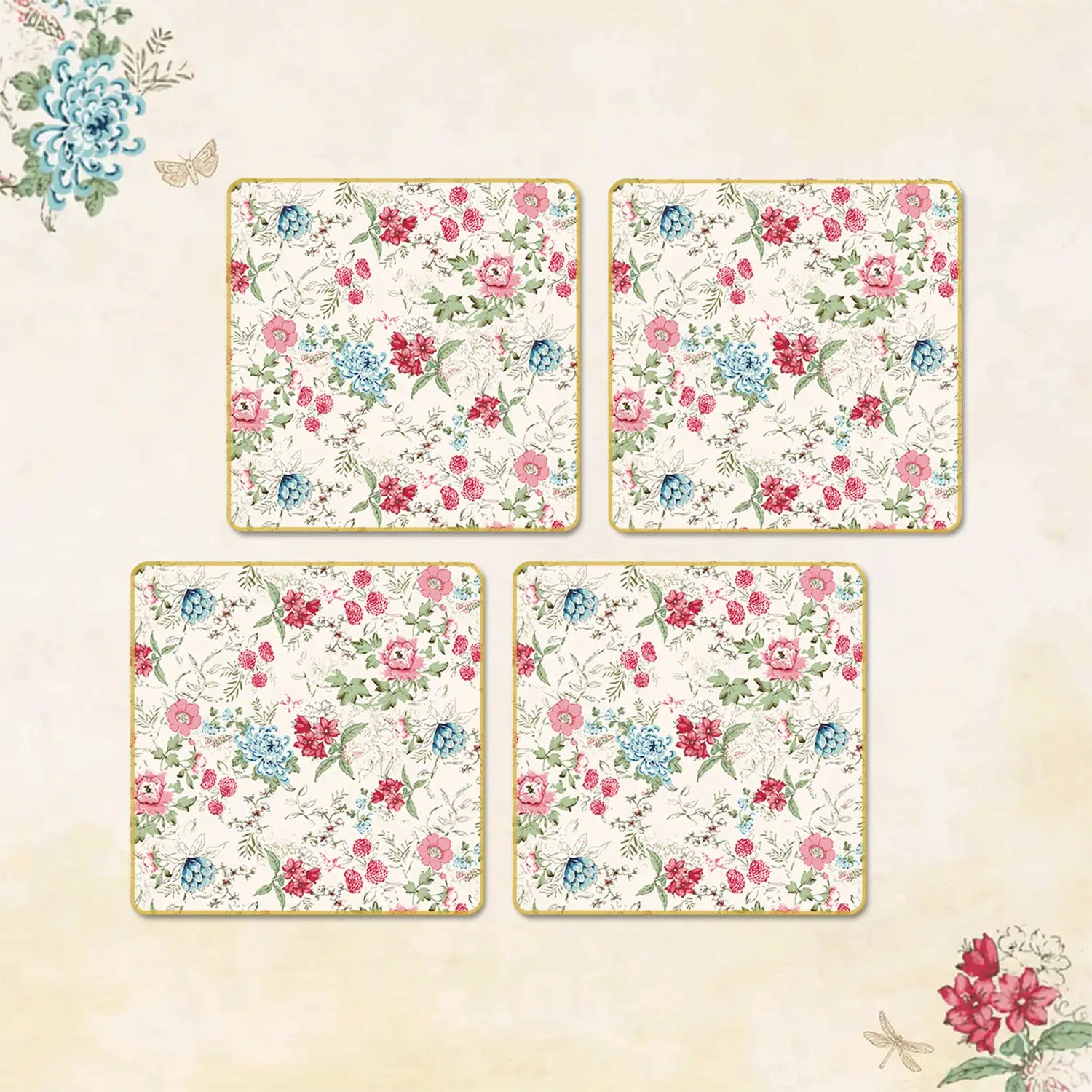 Pink & Blue Bouquet Coasters | Set of 4 with Stand