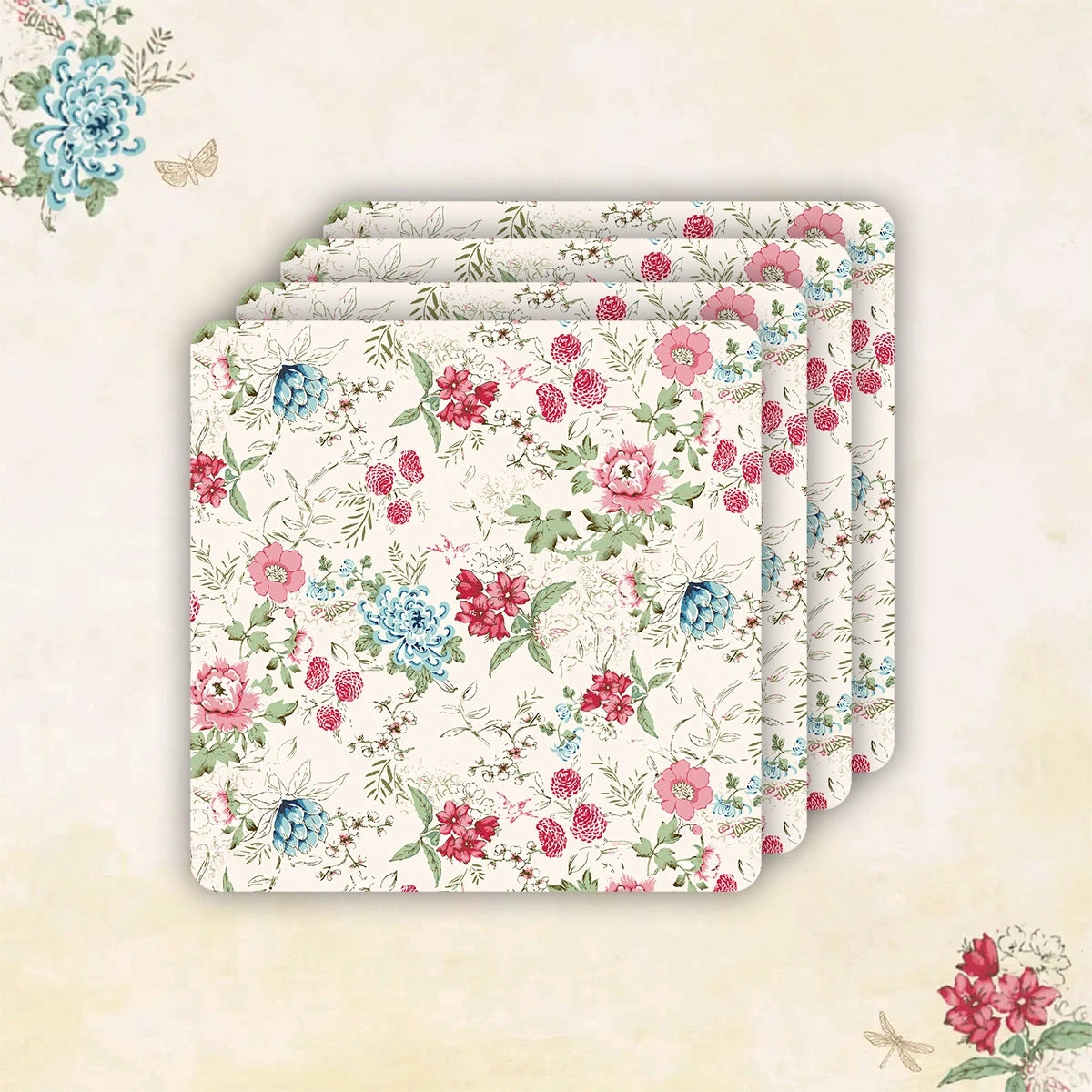 Pink & Blue Bouquet Coasters | Set of 4 with Stand