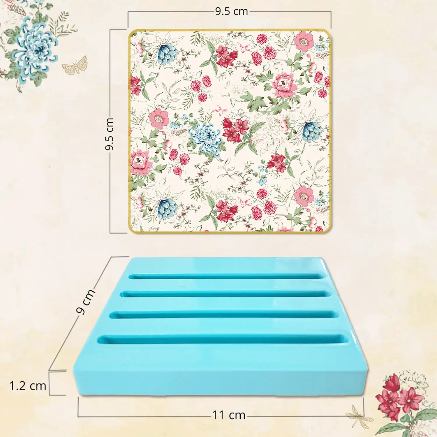 Pink & Blue Bouquet Coasters | Set of 4 with Stand