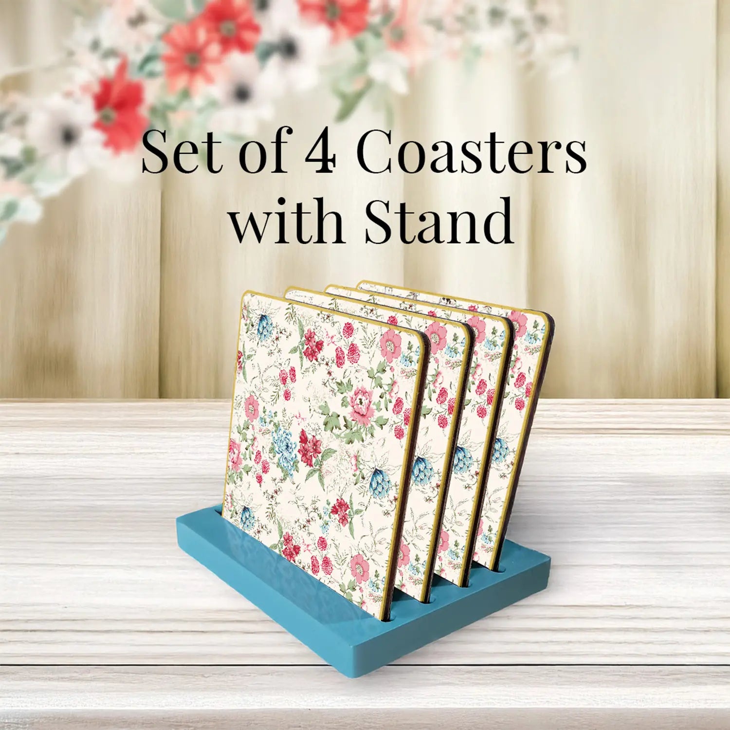 Pink & Blue Bouquet Coasters | Set of 4 with Stand