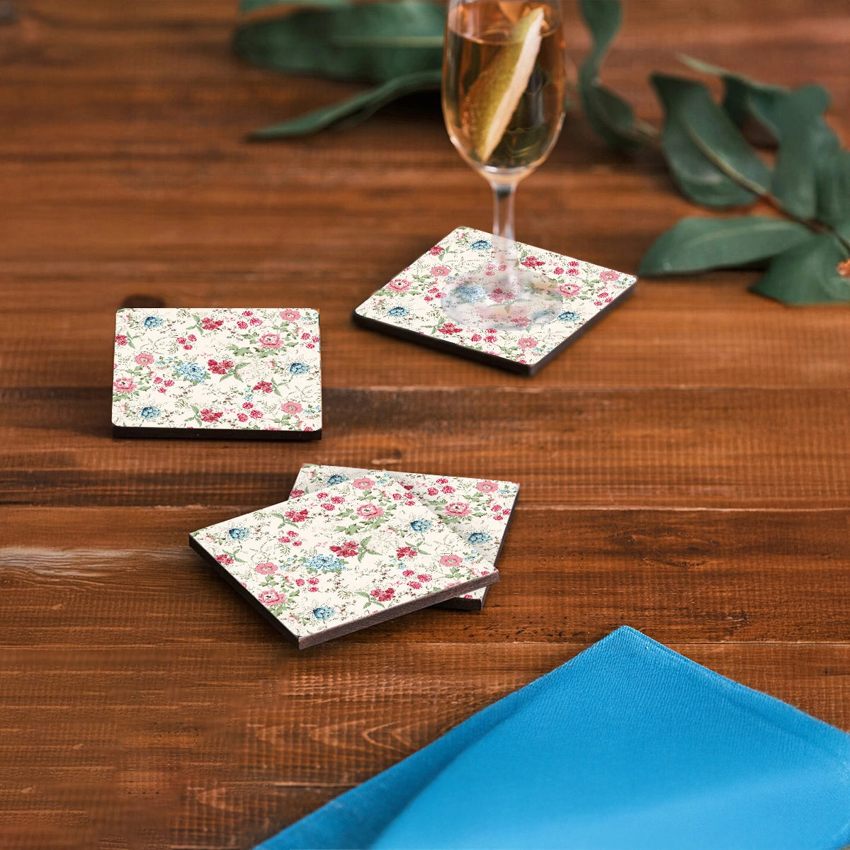 Pink & Blue Bouquet Coasters | Set of 4 with Stand