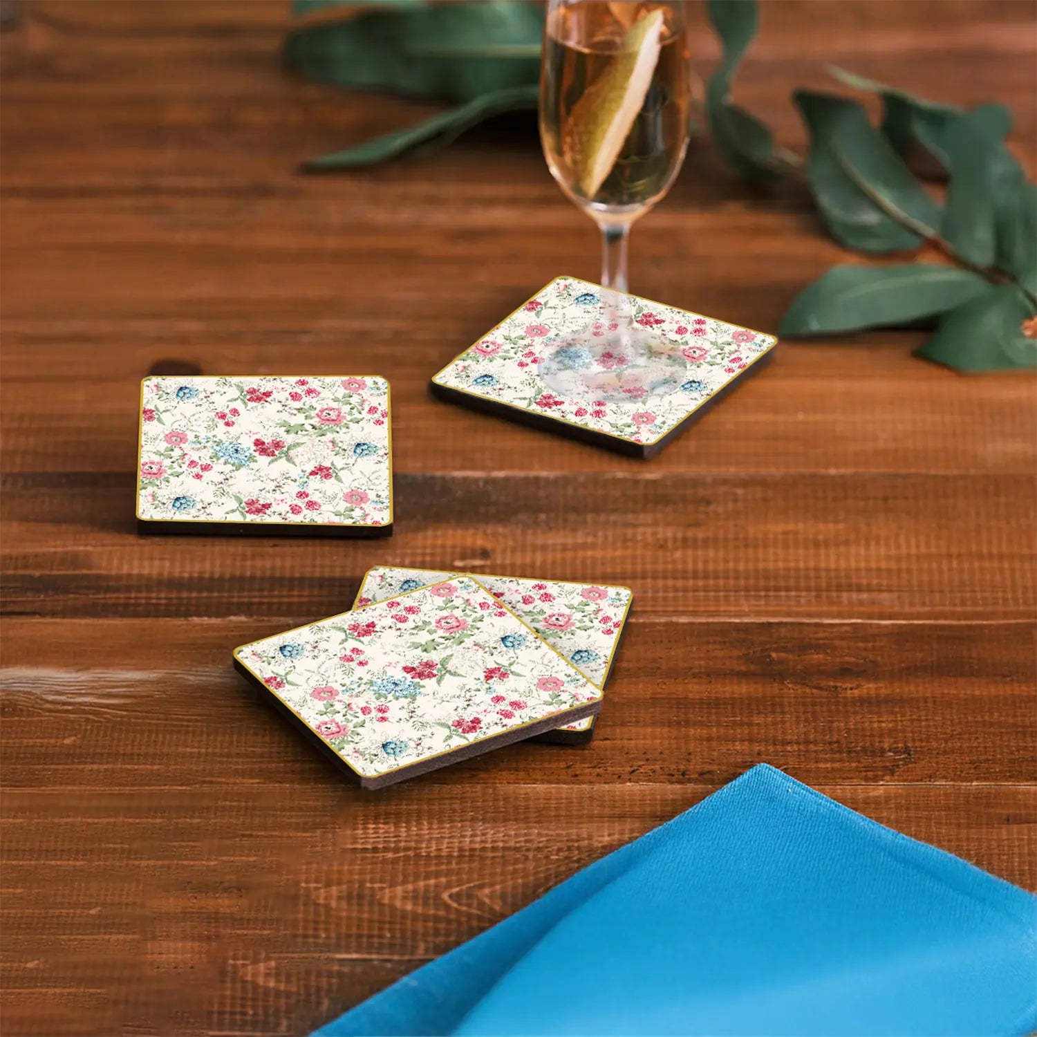 Pink & Blue Bouquet Coasters | Set of 4 with Stand