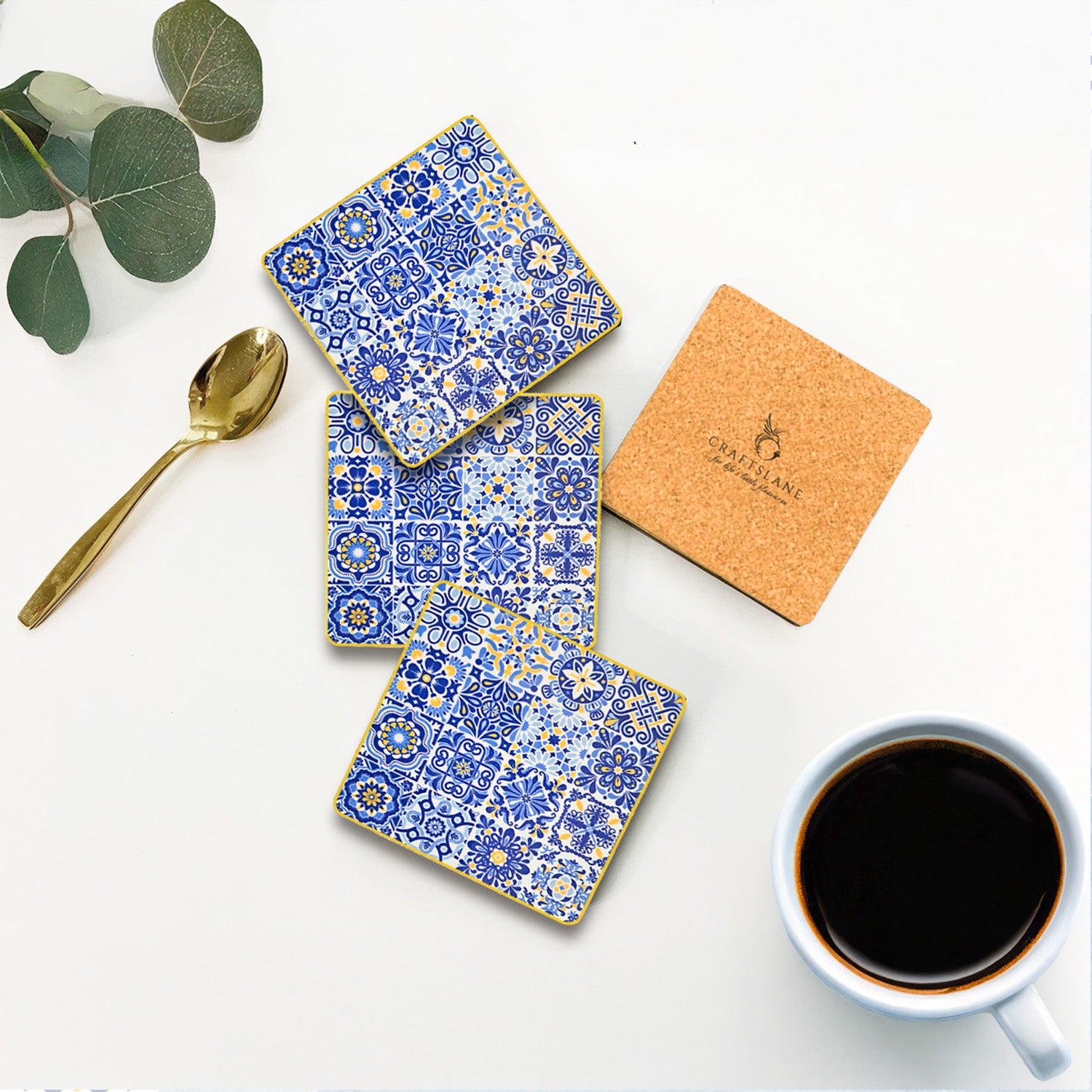 Portuguese Blue Tiles Coasters | Set of 4 with Stand