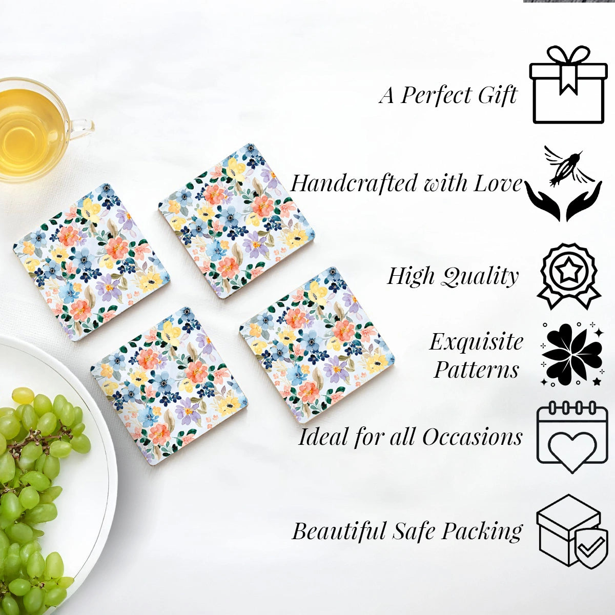 Summer Flowers Coasters | Set of 4 with Stand