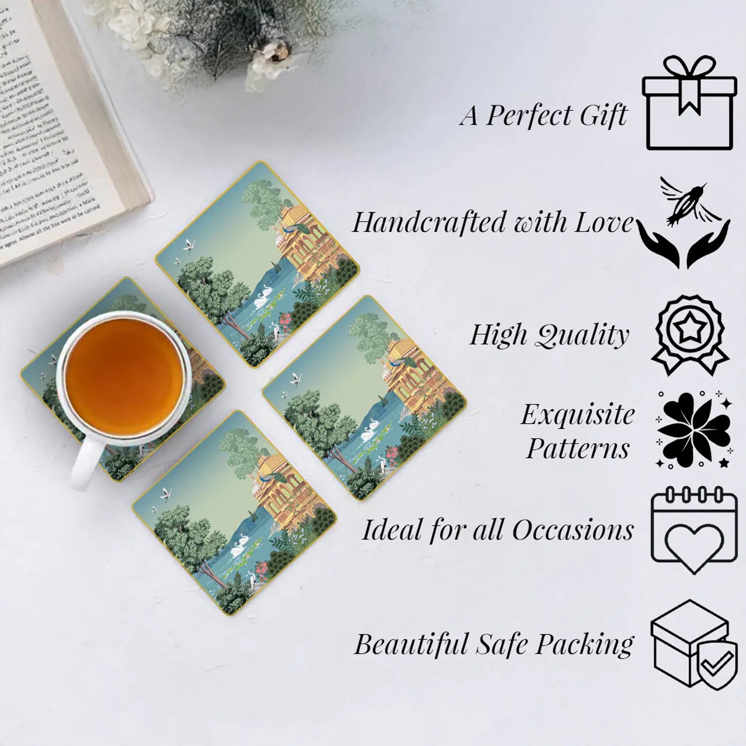 Swan Serenade Coasters | Set of 4 with Stand