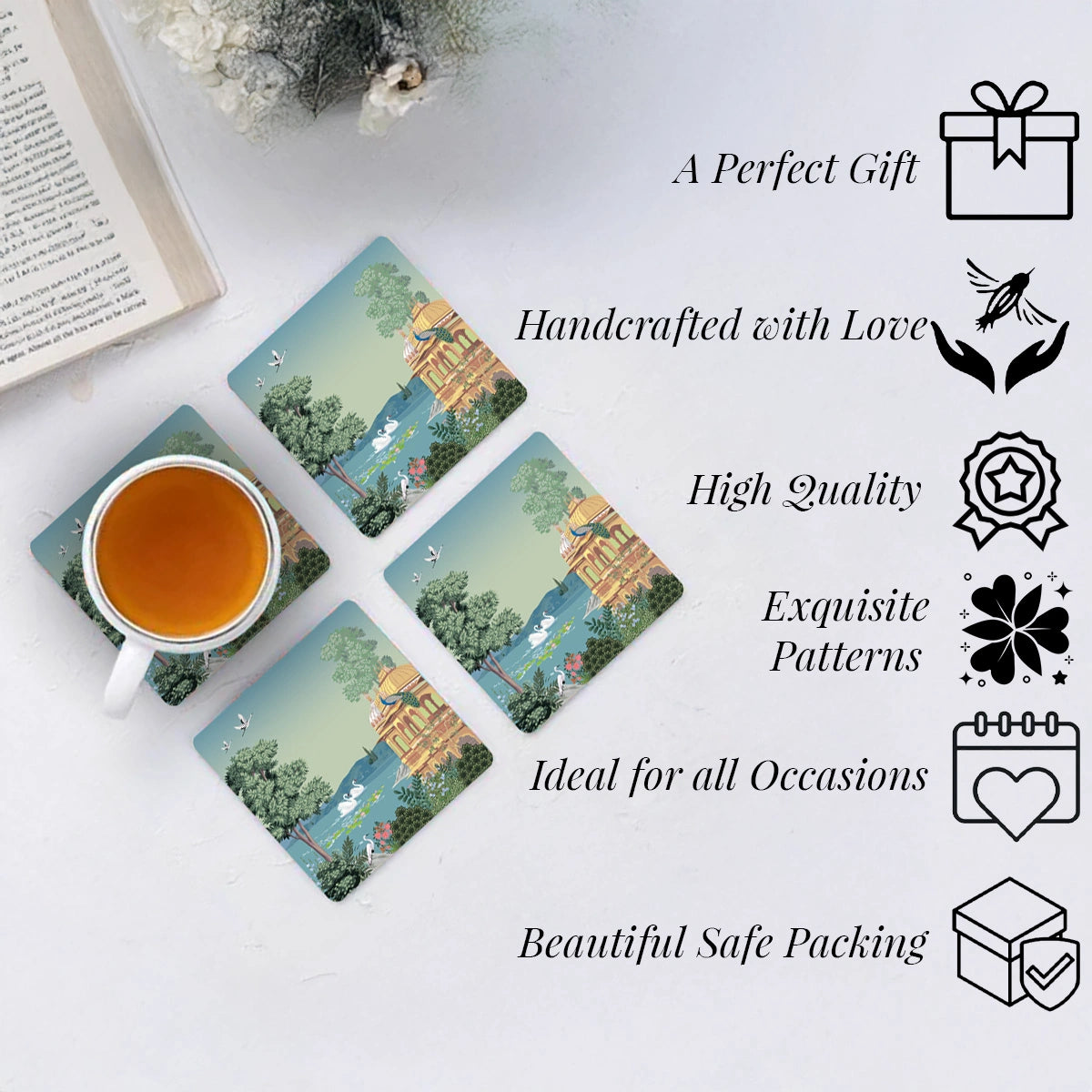 Swan Serenade Coasters | Set of 4 with Stand