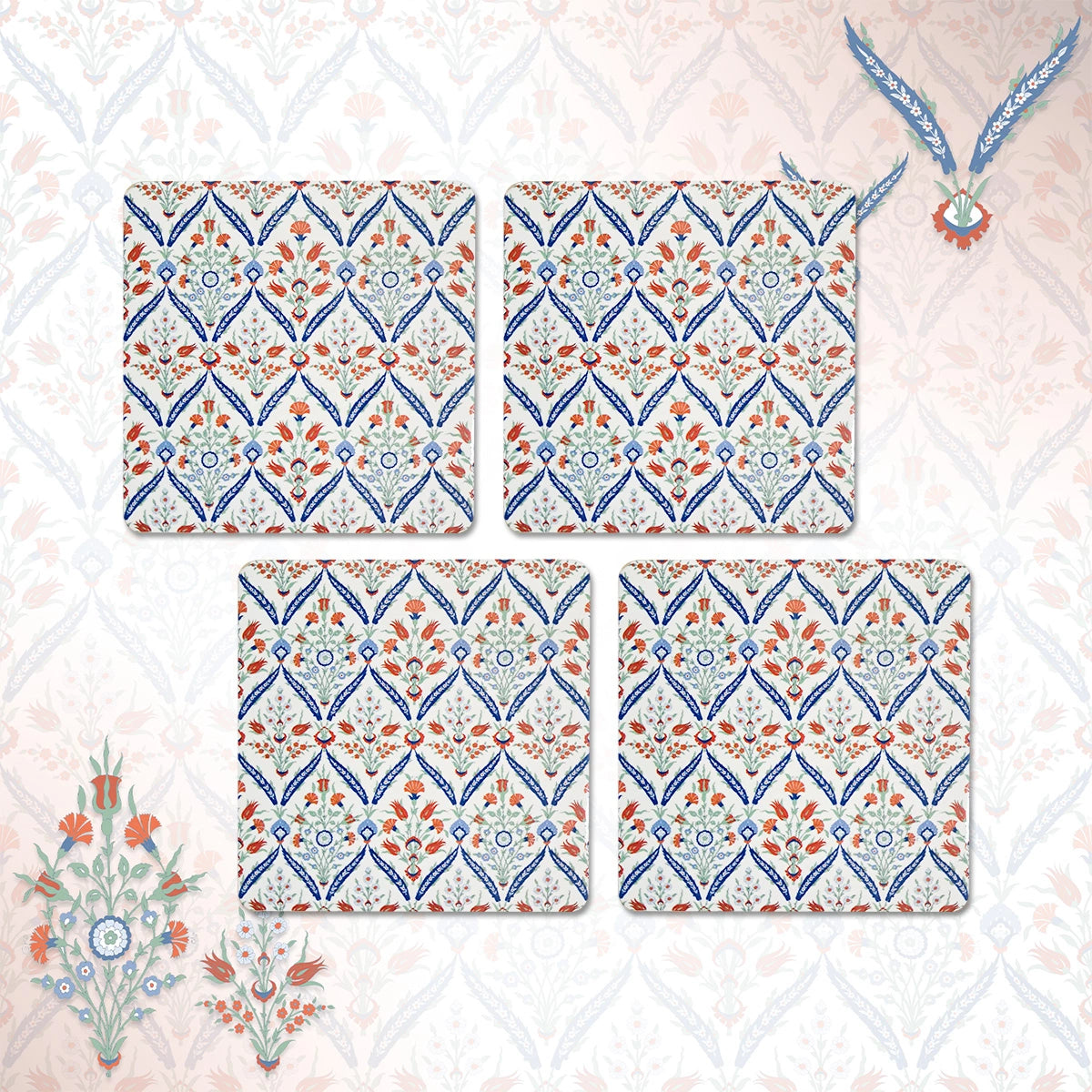 Turkish Flowers Coasters | Set of 4 with Stand