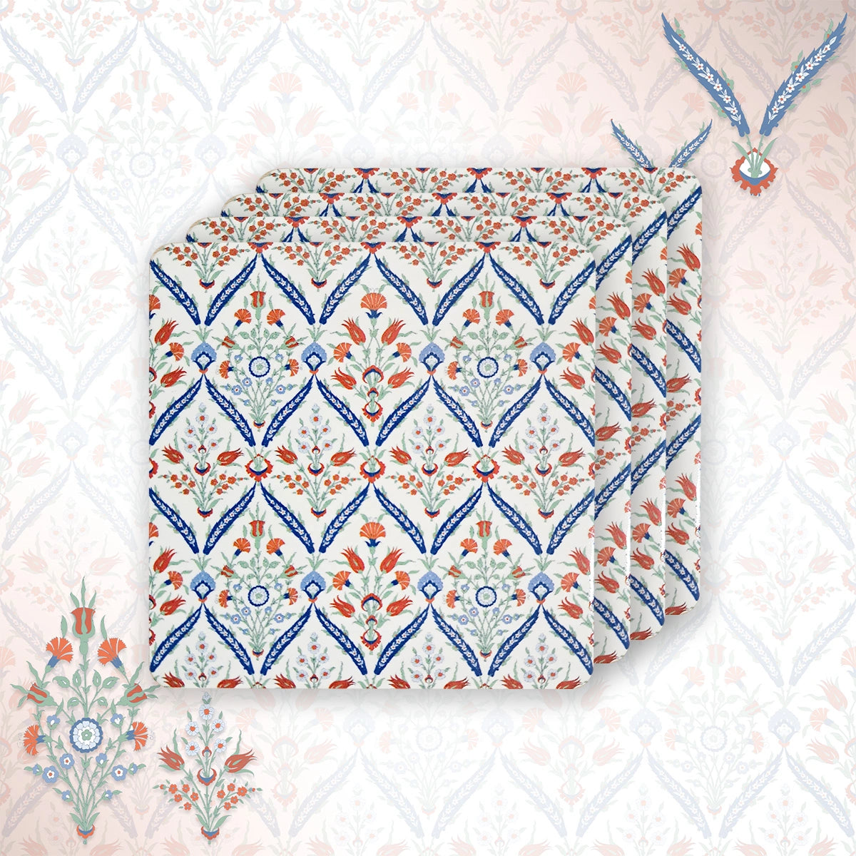 Turkish Flowers Coasters | Set of 4 with Stand