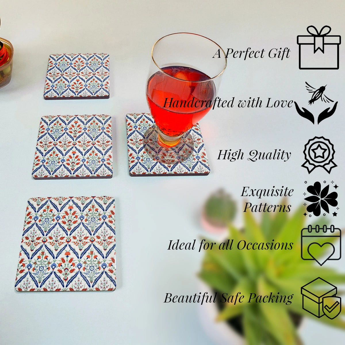 Turkish Flowers Coasters | Set of 4 with Stand