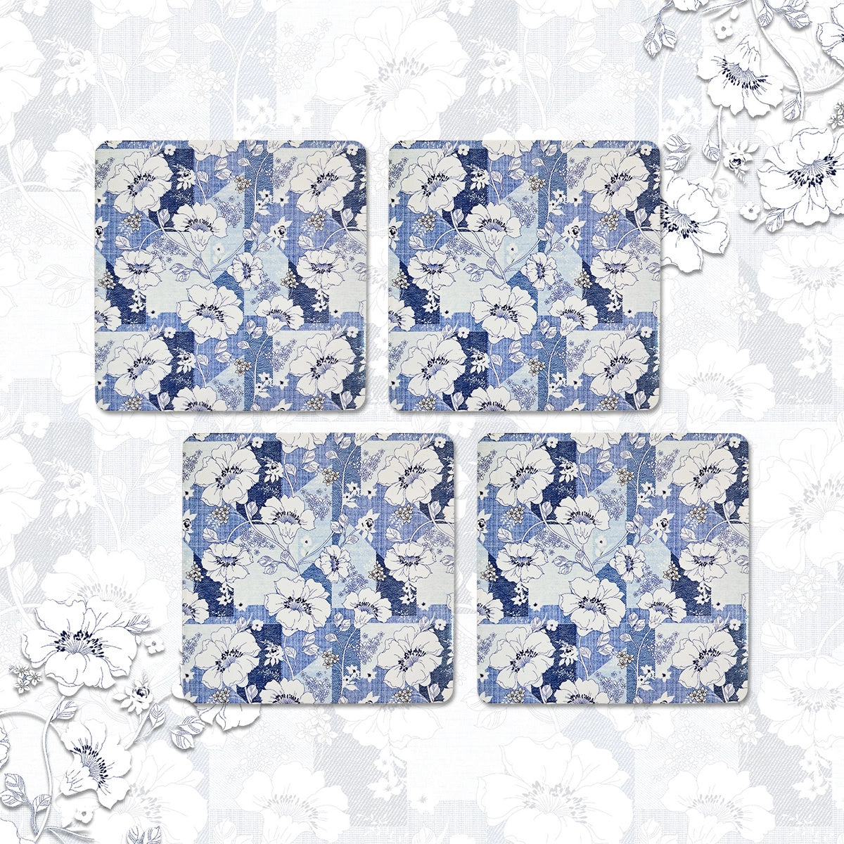 White Petal Splendor Coasters | Set of 4 with Stand
