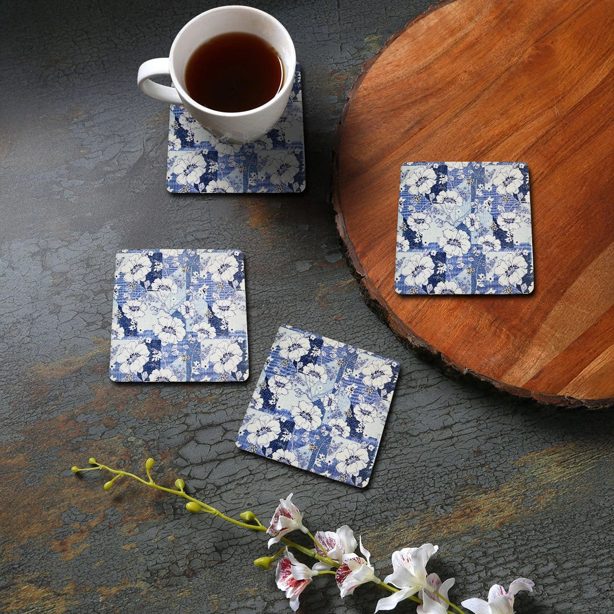 White Petal Splendor Coasters | Set of 4 with Stand